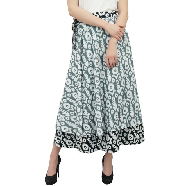 Phagun Jupe Portefeuille Longue Noire en Coton à Imprimé Floral Réversible à Double Couche