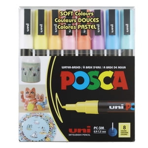 Uni® POSCA PC-3M Marqueurs de peinture à base d'eau, pointe fine réversible (0,9-1,3mm), couleurs douces, paquet de 8