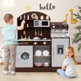 thumbnail image 2 of Honeyjoy Kids Kitchen Set Wooden Kitchen Playset with Clock, Microwave, Sink, Dish Rack Brown, 2 of 10