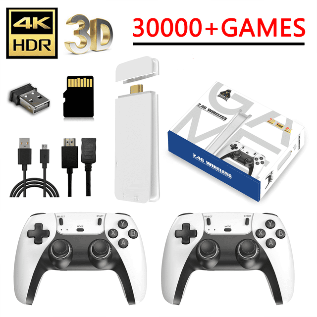 Salange Retro Game TV Stick M8 4K Pro Game Stick with 64GB storage, dual 2.4G wireless controllers, and support for 4K Ultra HD output. Includes HDMI adapter, USB cables, and a memory card. Compatible with PS1, FC, GBA, Sega, and Mame games, offering over 30,000 retro classic games.