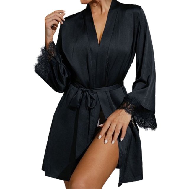 Timegard Robe de Nuit pour Femmes à Manches Longues Portefeuille Col en V en Dentelle Chemises de Nuit Taille Ceinturée Décontractée Douce Mini Pyjama