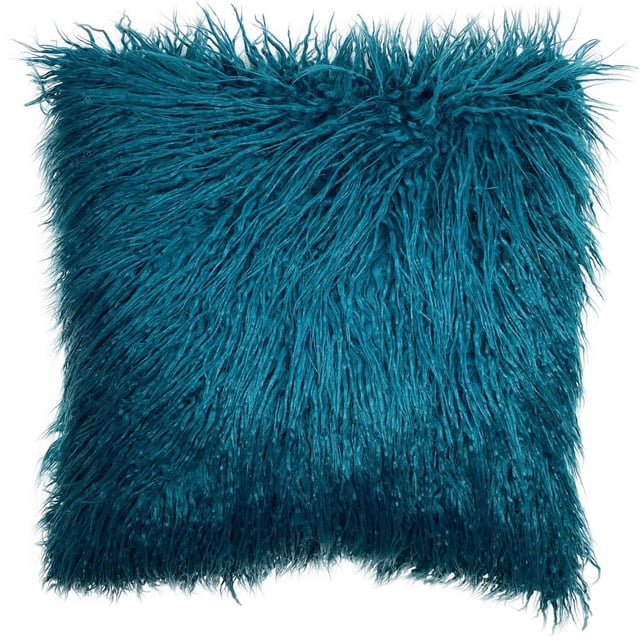 hometrends Mongolian Decorative Pillow in teal blue with long plush faux fur texture and square shape, ideal for home décor and as a throw pillow, often used to add softness and style to living spaces.