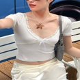 thumbnail image 3 of Women Crop Short Sleeves Tops Lace Patchwork Summer Basic T-Shirts, 3 of 8