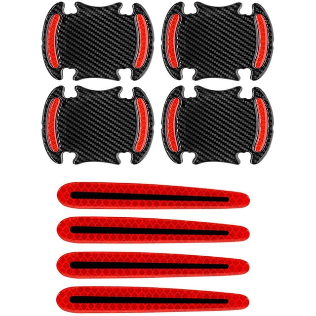 8PCS 3D Fibre de Carbone Texture Porte de Voiture Poignée Autocollants Réfléchissants, Poignée de Porte Automatique Anti-Rayures Film Protecteur Voiture Bandes Réfléchissantes de Sécurité Extérieure (Rouge)