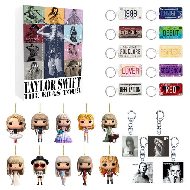 TS 24-Day Christmas Advent Calendar with Taylor Swift-themed decorations and keychains. Includes 24 acrylic ornaments and keychains inspired by albums like '1989,' 'Midnights,' 'Evermore,' and 'Reputation.' Perfect for Christmas countdowns, holiday decor, or gifting to fans.