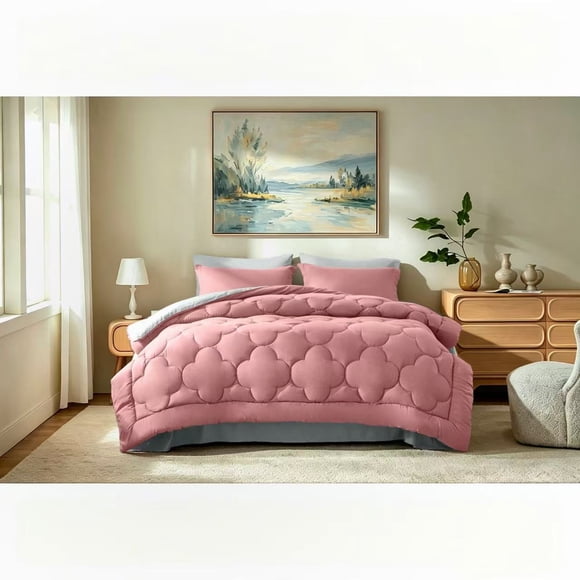 Bedtreat Queen Comforter Sets,7-Pieces Reversible Bedding Sets,Bed in a Bag with Comforter, Flat Sheet and Fitted Sheet, Pillowcases & Shams,Pink/Light Gray