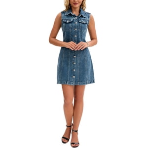 INSPIRE CHIC Women's Sleeveless Denim Dress Button Down A-Line Mini Dress with Pockets Grey Blue XL