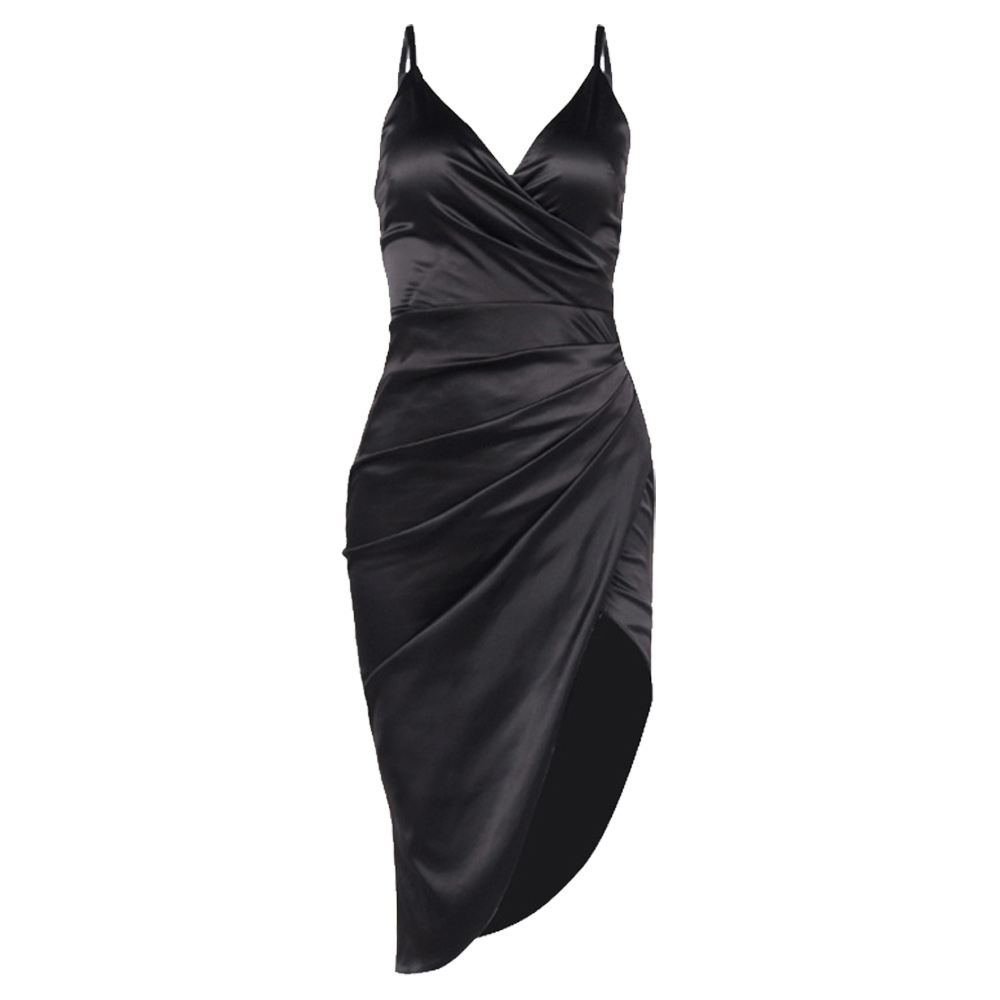 Robe Midi de Soirée Boîte de Nuit à Bretelles Spaghetti Froncée en Satin pour Femmes, Noir, G