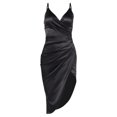 thumbnail image 1 of Robe Midi de Soirée Boîte de Nuit à Bretelles Spaghetti Froncée en Satin pour Femmes, Noir, G, 1 of 5