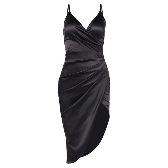 Robe Midi de Soirée Boîte de Nuit à Bretelles Spaghetti Froncée en Satin pour Femmes, Noir, G