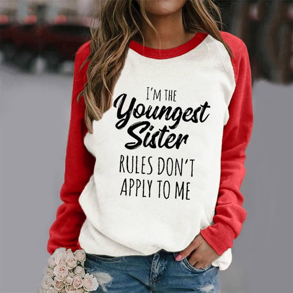 Jsaierl Womens Trendy Letter Printed Sweatshirts Funny Patchwork Long Sleeve Pullover Daily Work Round Neck Tops Soft Comfy Warm Blouses