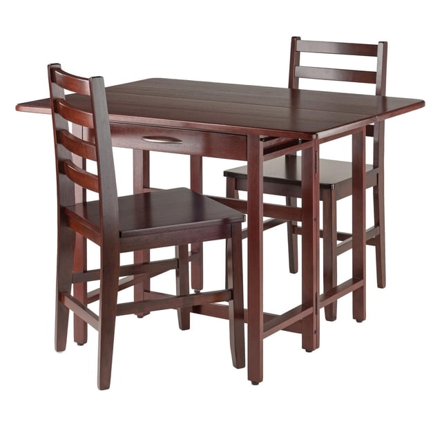 Winsome Taylor 3PC Drop Leaf Table & Ladder Back Chair set with a solid wood rectangular drop leaf table featuring a storage drawer and two dark brown ladder back chairs, ideal for kitchen dining, breakfast nook, or as a console table.