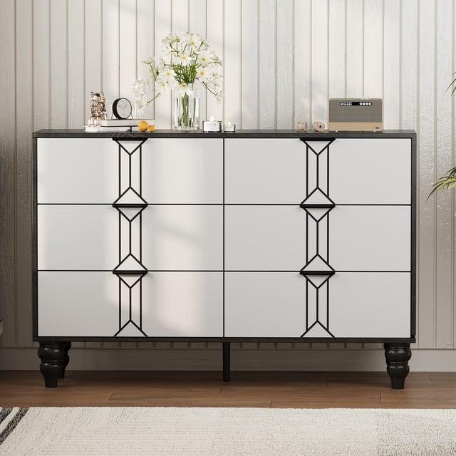 Commode à 6 Tiroirs en Bois, Commode Moderne en Bois avec Tiroirs Profonds au Motif Vintage, Poignée en Métal