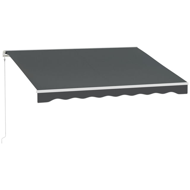 Outsunny 10' x 8' Electric Retractable Awning in grey with remote controller. Features a durable aluminum and steel frame, 270g/m² polyester fabric with PU coating for UV protection, and adjustable tilt angle from 14-30°. Includes a manual crank handle and is suitable for installation on concrete, hard wooden, or brick walls. Dimensions: 118.1 inches long by 98.4 inches wide.