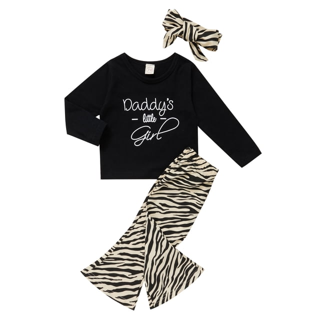Xingqing 3Pcs Toddler Baby Girls Fall Clothes Letter Long Sleeve T-Shirt + Zebra Pattern Pants + Headband Set