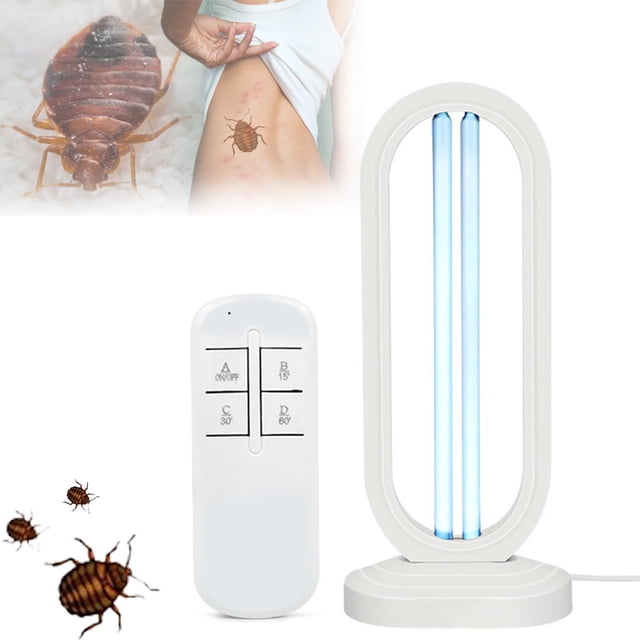 LPSSTORE Lumivyx Haloclean Lampe Anti-Punaises de Lit UV en Noir et Blanc, avec Trois Réglages de Minuterie et une Télécommande. la Lampe Est Conçue pour Assainir les Espaces jusqu'à 430 Pieds Carrés, Y Compris les Matelas, les Tapis et les Tissus d'Ameublement. Elle Utilise la Lumière UV pour Éliminer les Odeurs et Offrir de l'Éclairage, avec une construction en Matériau ABS Léger. l'Image Montre la Lampe Émettant une Lumière UV Bleue, Accompagnée d'Une Télécommande Blanche avec des Boutons Étiquetés pour les Réglages