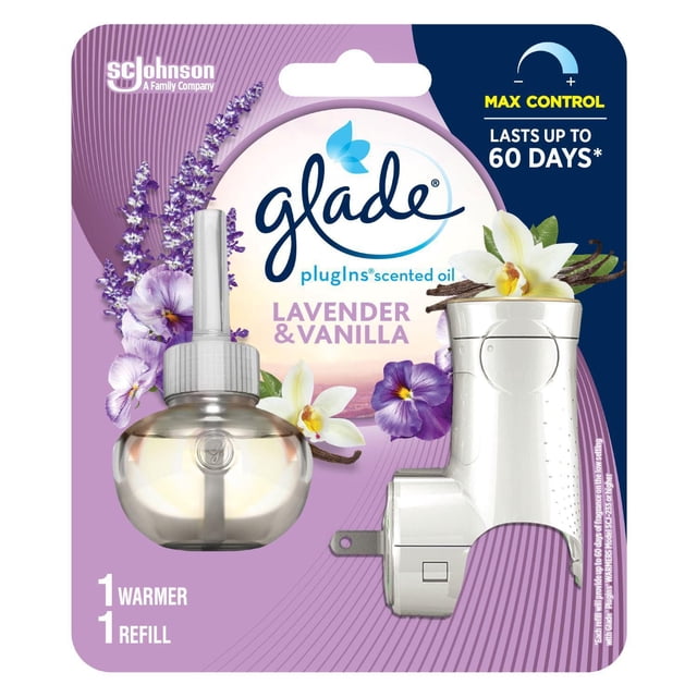 Glade Plugins® Air Freshener Oil Refill Lavender & Vanilla with a clear round oil refill bottle and white plug-in warmer on purple packaging showing lavender and vanilla flowers, offering up to 60 days of adjustable fragrance for home air freshening.