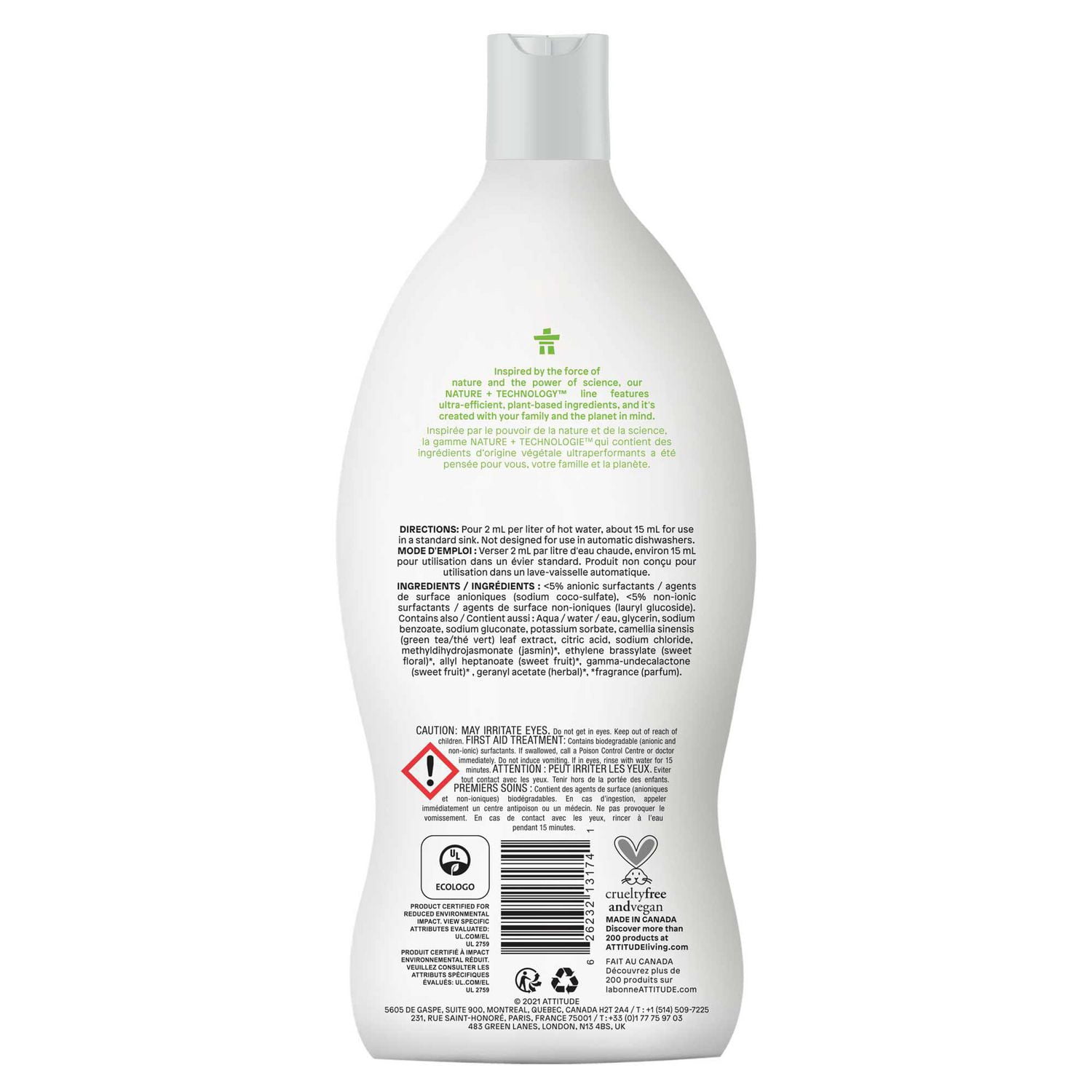 ATTITUDE nature+ technology, Liquide Vaisselle, Pomme Verte & Basilic, 700 mL