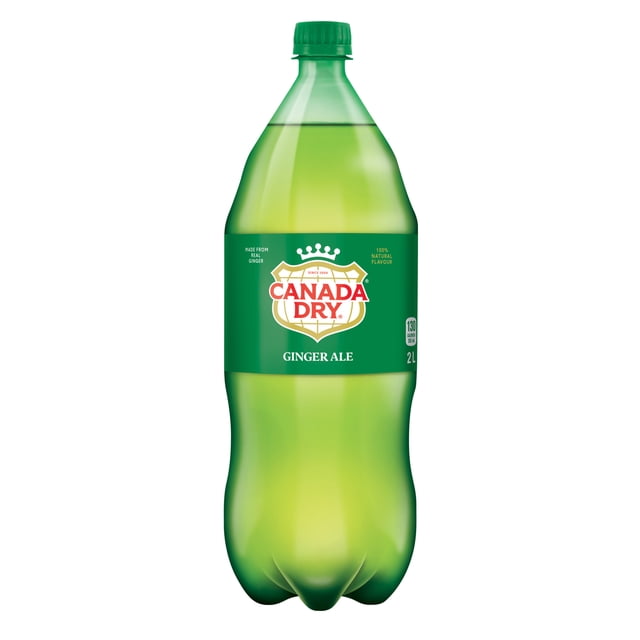 Canada Dry® Ginger Ale 2L Bottle with a green label featuring the Canada Dry logo, natural ginger flavour, and 130 calories per serving, shown front-facing on a white background, suitable as a refreshing soft drink or cocktail mixer.
