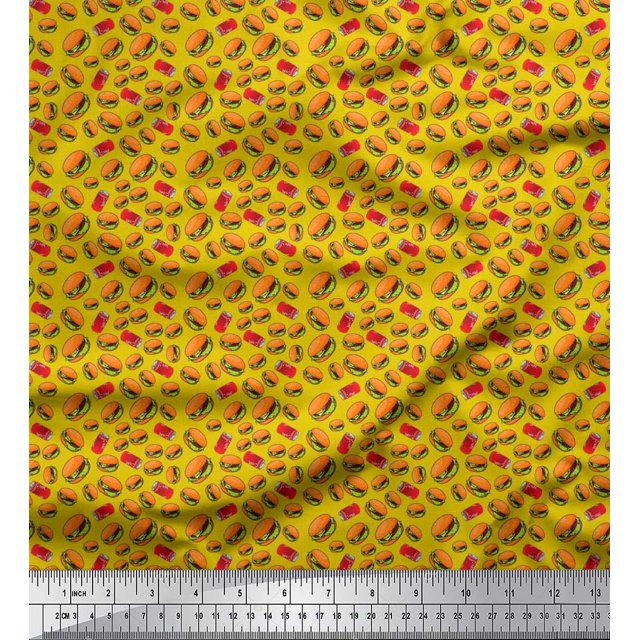 Soimoi Rayon Fabric Coke & Burger Food Printed Fabric 1 Yard 42 Inch Wide