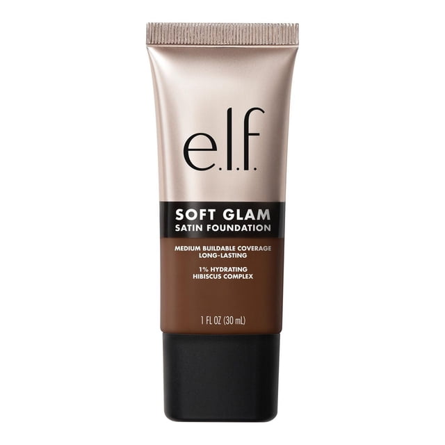 e.l.f. Cosmetics Soft Glam Fond de Teint Satiné en tube de 30 ml avec Dégradé beige à Brun et Bonnet Noir, Offrant une Couvrance Modulable Moyenne et Infusé de Complexe d'Hibiscus Hydratant à 1 % pour une Finition Satinée Respirante et Longue Tenue, Convient aux Peaux Sèches, Grasses et Mixtes.