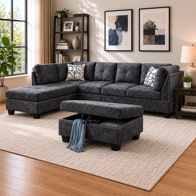 Cosmic Homes Senti 4-Piece Grey Velvet Sectional Sofa Set with LHF Chaise & Storage Ottoman – Modern Living Room Furniture Set