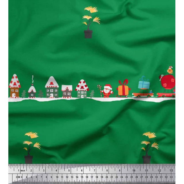 Soimoi Cotton Voile Fabric Santa,Gift Box & Tree Christmas Print Sewing Fabric Yard 56 Inch Wide