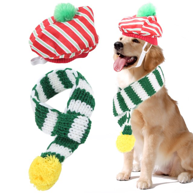 Pet Scarf Kit, Adorable Skin Friendly Easy To Wear Dog Hat And Scarf Set Lovely Striped Shape For Christmas
