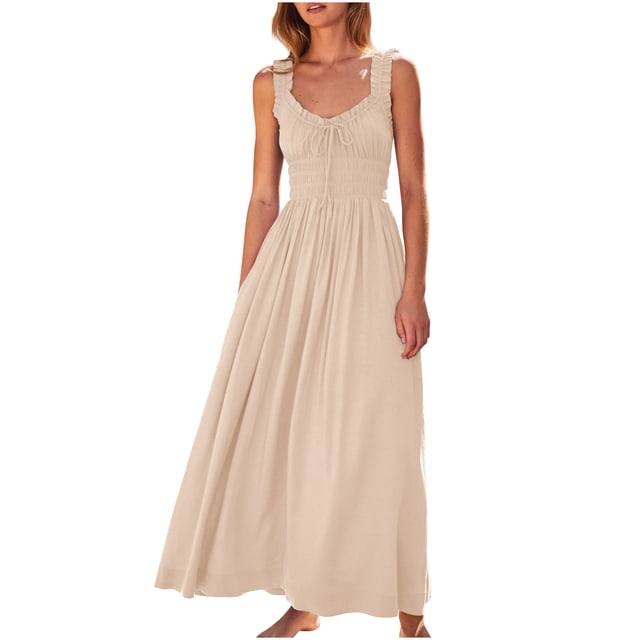 AherBiu Robes d'Été pour Femmes 2024 Tendance Robe Maxi Sans Manches Col en V Fluide Taille Élastique Vacances Longues Robes