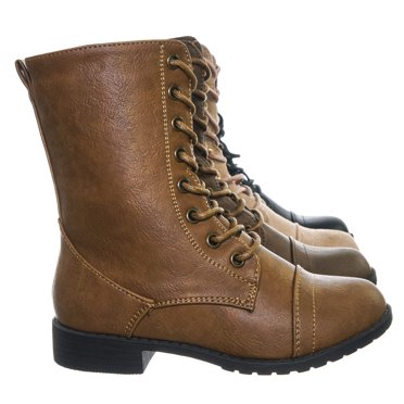 Forever Link Bottes de Combat pour Femmes en Mangue à Bout Rond, Style Militaire, à Lacets, Tricotées, avec Revers à la Cheville, Talon Bas, Beige 9 B(M) US