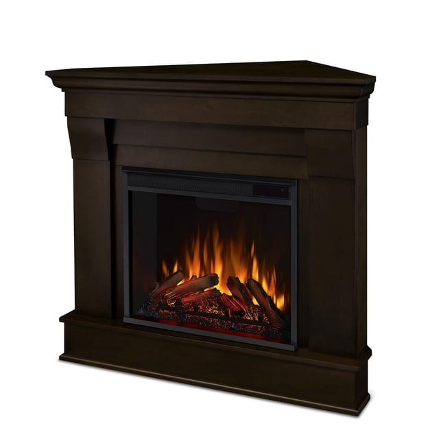 Chateau Corner Electric Fireplace with dark wood mantel and classic streamlined design. Features an electric firebox with infrared heating and LED flames that mimic real fire, providing supplemental heat for rooms up to 1000 sq ft with adjustable thermostat and flame brightness.