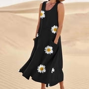 TopLLC Sleeveless Round-Neck Dress Women's Summer Fashion Casual Printing Sleeveless Round Neck Pocket Dress Women Dress
