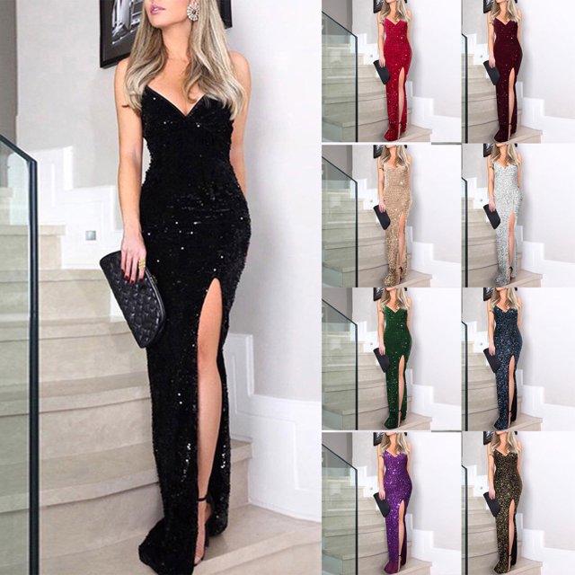 Gspmoly Robe pour Femme, Robe pour Femme Robe de Soirée Aguichant Fendue Col en V à Paillettes Mode Sans Manches Été Robes Formelles pour Femme Cadeaux de Vacances