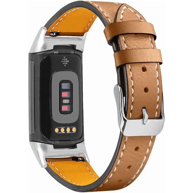 JFBUJC leather bands compatible with Fitbit Charge 5, a smartwatch accessory featuring a tan genuine leather strap with white stitching. The band includes a classic metal buckle clasp for adjustable fit, accommodating wrists 5.5 to 8.0 inches. Designed for wearable technology, it has secure connectors for easy installation and removal, offering a stylish and comfortable option for men and women.
