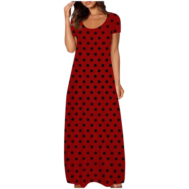 fatyb Robes Maxi à Manches Courtes pour Femmes Col Ras du Cou Décontractées Longues Robes Imprimées Robes T-Shirt d'Été