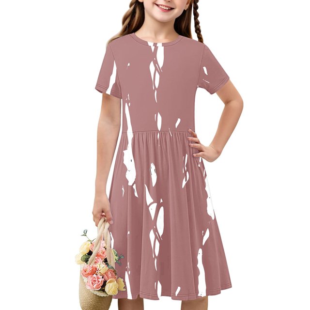 Liquidation Aujourd'hui Iumwxz Robe Décontractée Trapèze Robe Tunique pour Adolescentes Robe Col Rond Imprimé à Rayures Manches Courtes Robes pour Adolescentes Robe Confortable pour Aller à l'École 4-14 Ans