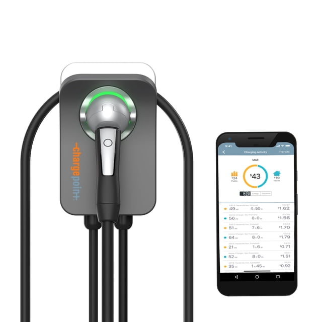 ChargePoint Home Flex Level 2 EV Charging Station NACS with NEMA 6-50 outlet, shown in gray with a compact design and integrated charging cable. The station features a glowing green indicator light and auto-sensing handle for easy use. A smartphone displaying the ChargePoint app is positioned beside the charger, showcasing charging activity, customizable settings, and smart home integration. This electric vehicle charger is suitable for indoor or outdoor installation, compatible with Tesla models, and Energy Star certified for efficiency.