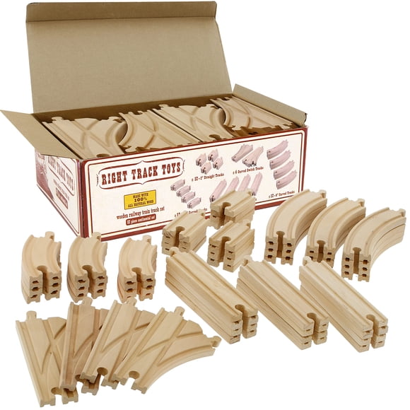 Ensemble de 52 Pcs de Voies Ferrées en Bois - Extension de 18 Pieds de Voie et 5 Pcs Distinctes - 100 % Compatible avec Toutes les Grandes Marques, Y Compris le Système Ferroviaire en Bois Thomas - par Right Track Toys, T