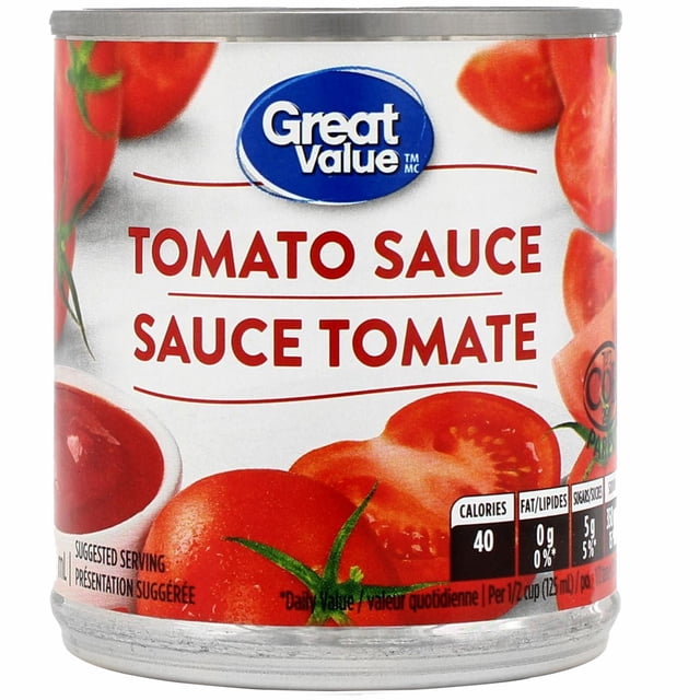 Great Value Canned Tomato Sauce in a metal can with a white label featuring red tomatoes and nutrition facts, a versatile pantry staple ideal for pasta, pizza, and cooking sauces with authentic flavour and low calories.