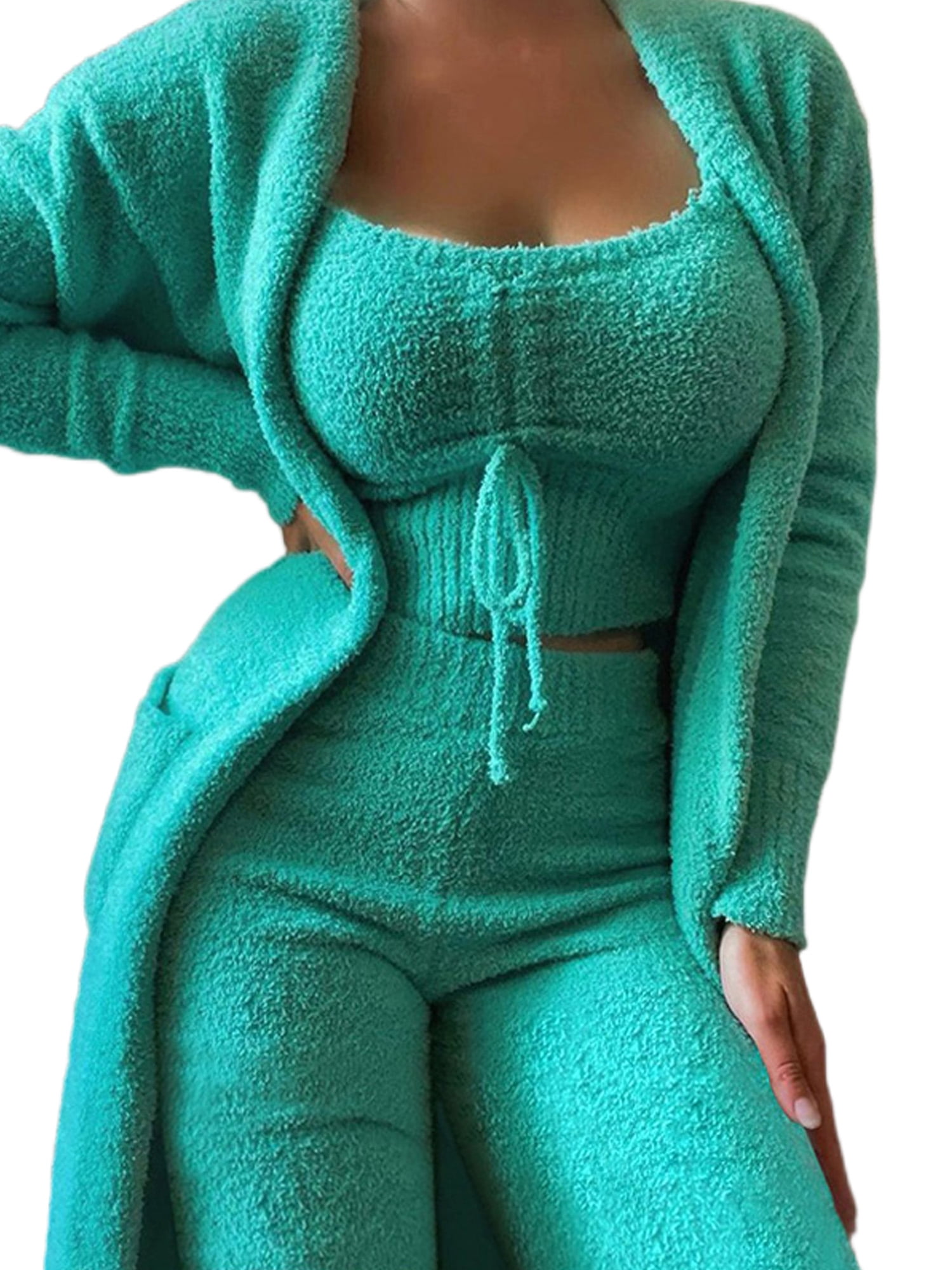 LUXUR Ensemble de Détente 3 Pcs pour Femmes, Ouvert à l'Avant, Confortable, Vert m