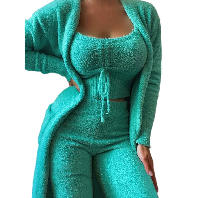 Innerwin Cardigan Outfit Set Open Front Women Fuzzy 3 Piece Sweatsuit Sleep Solid Color Regular Lounge Sets Green 2XL