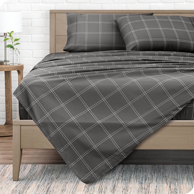 Bare Home Ultra-Soft Sheet Set - Premium 1800 Collection - Deep Pockets - 4-Pieces - Queen, Modern Plaid - Gray/White