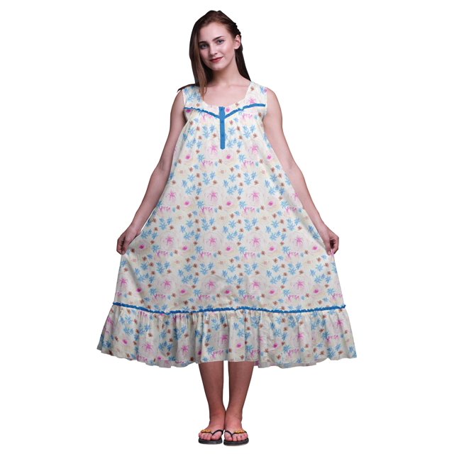 Bimba Chemises de Nuit en Coton Bleu Moyen à Imprimé Floral pour Femmes, Robe Sans Manches, Tenue de Nuit, Robe Maxi, XX-Grand