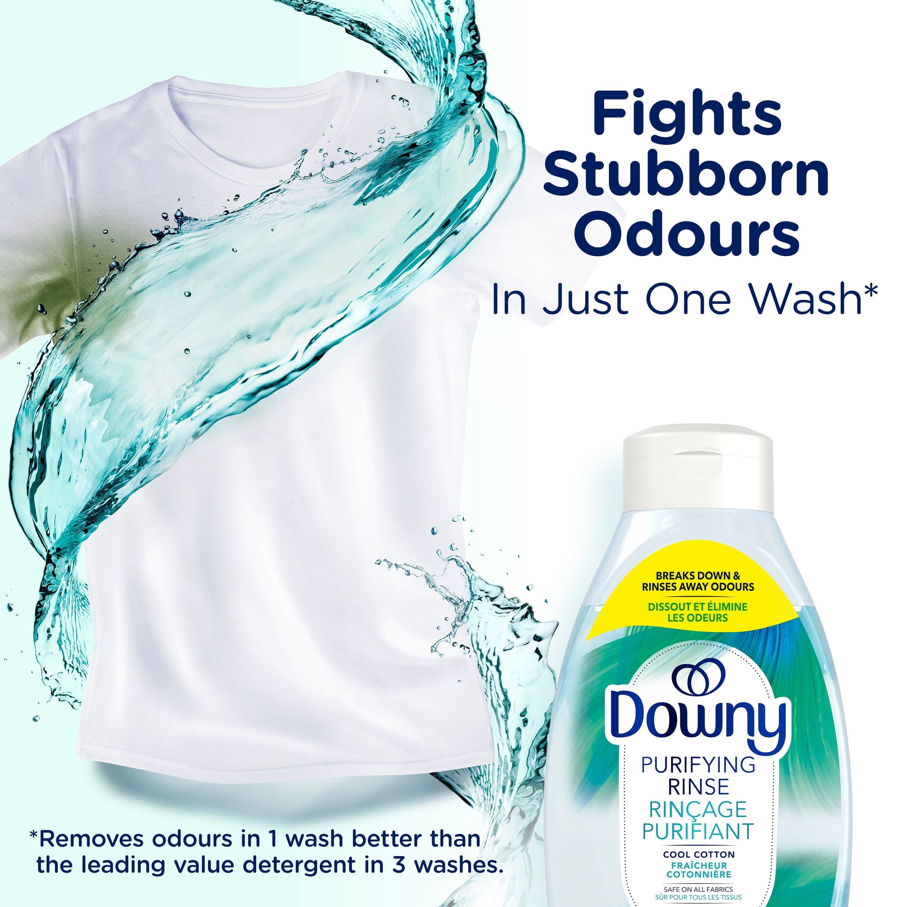 Downy Rinçage Purifiant Éliminateur d'Odeurs pour la Lessive, Parfum Fraîcheur Cotonnière, Assouplissant Textile et Rinçage d'Élimination des Odeurs pour la Lessive, Combat les Odeurs à la source, Compatible HE 54WL