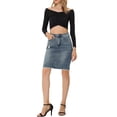 thumbnail image 2 of Unique Bargains Women's Basic Distressed High Waist Ripped Hem Washed Denim Skirt, Blue Grey, S, 2 of 6