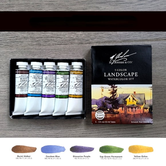 M.Graham & Co. Landscape Watercolor Set, 5-Color Artist Grade 15ml Tube Set with Honey, Curated for Scenic & Plein Air Painting