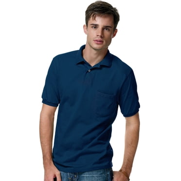 Hanes Cotton-Blend Jersey Mens Polo with Pocket - Best-Seller, M, Navy