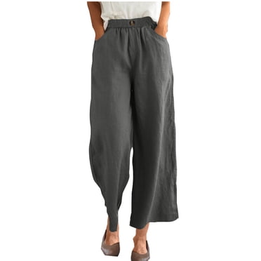 Swstbby Womens Casual Pants, Women's Trousers Summer Elastic Waist Casual Linen Pockets Pants Dark Gray S