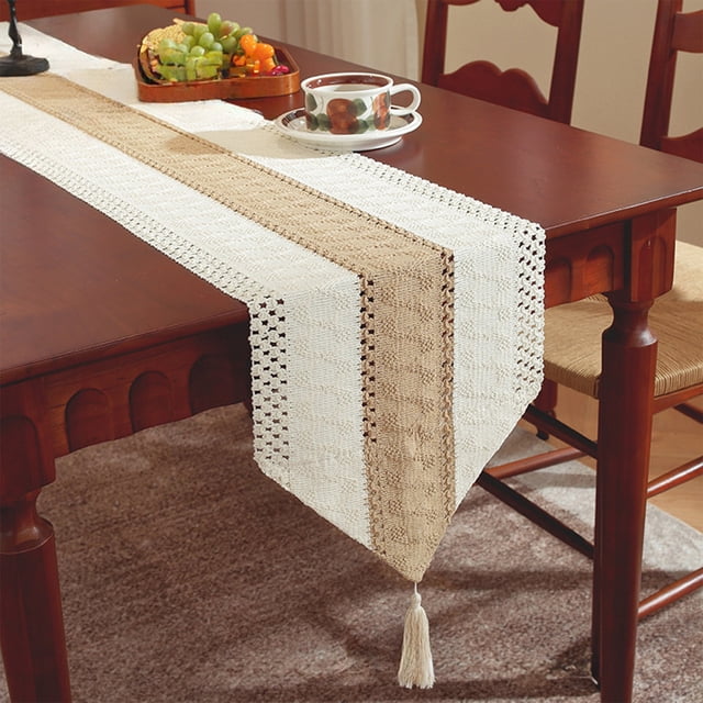 Boho Table Runner - Macrame Woven Table Runner with Tassels, Bohemian Home Dining Bedroom Table Decoration, Polyester Fabric, Brown, JKODE