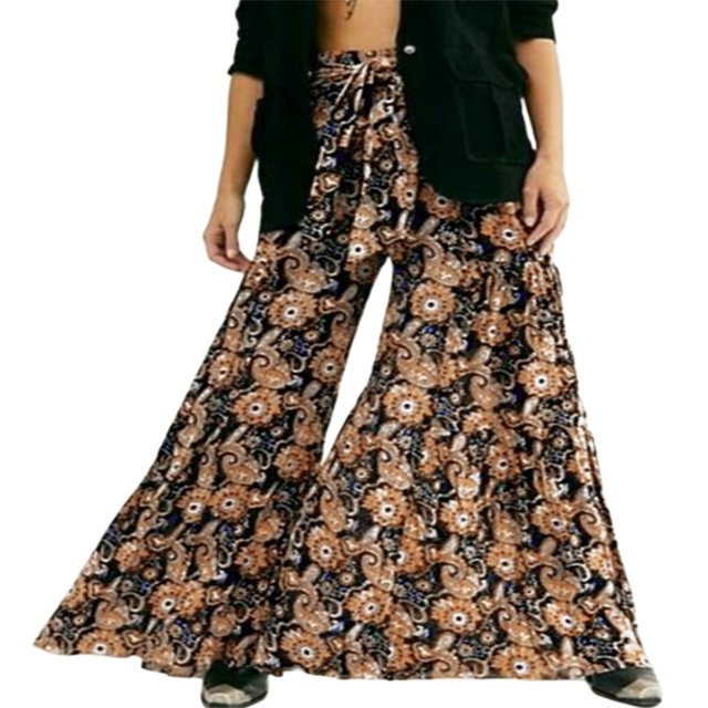 Pantalons de Plage Boho pour Femmes Taille Haute Décontractée Ample Jambe Grand Droite Imprimée